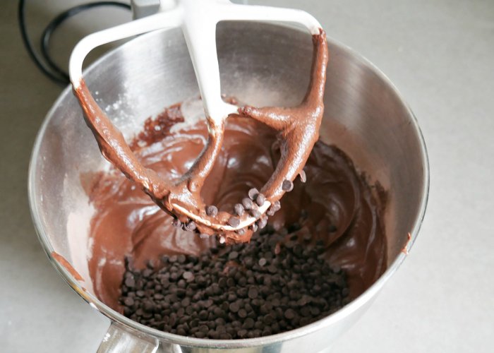 chocolate chips stirred into chocolate cake batter